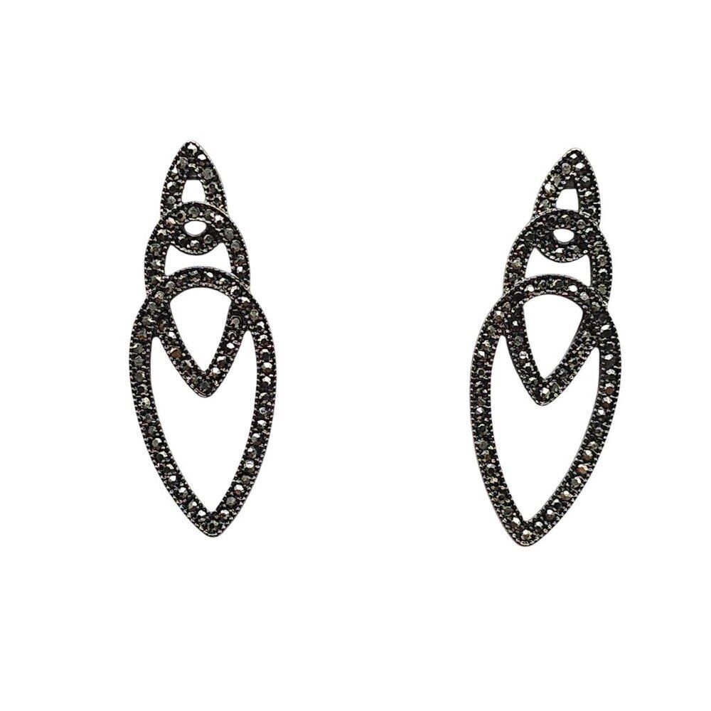 Black Crystal Drop Earrings With Silver Tone Finish Vintage 1990s